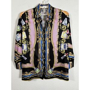 OO LALA Shirt Womens Medium Chain Perfume Print Long Sleeve Bold Graphic Top